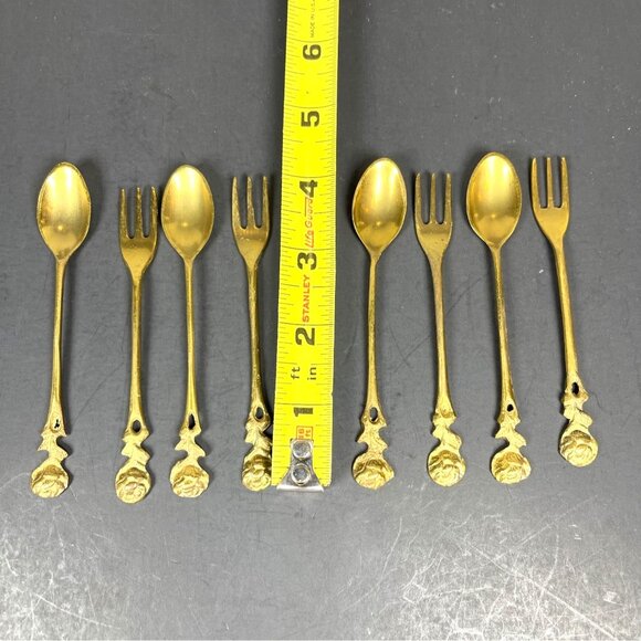 Brass Demitasse Coffee Spoon Dessert Salad Fork Gold Tone Rose Handle Set 4 VTG - Picture 10 of 13